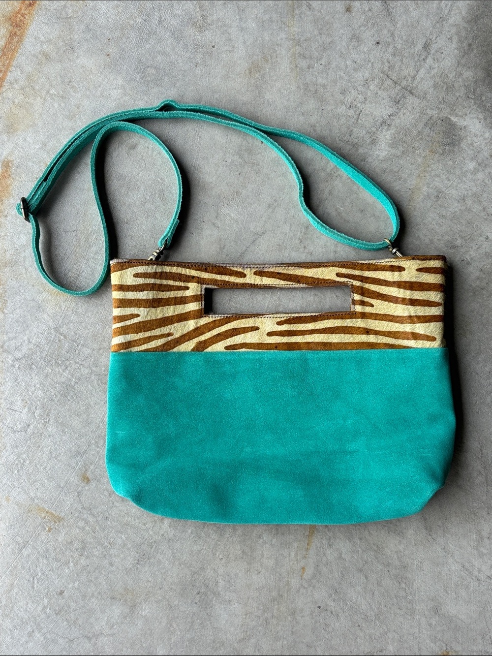 Anthropologie Zebra Calf Hair & Turquoise Suede Crossbody Bag Y2K Boho Western